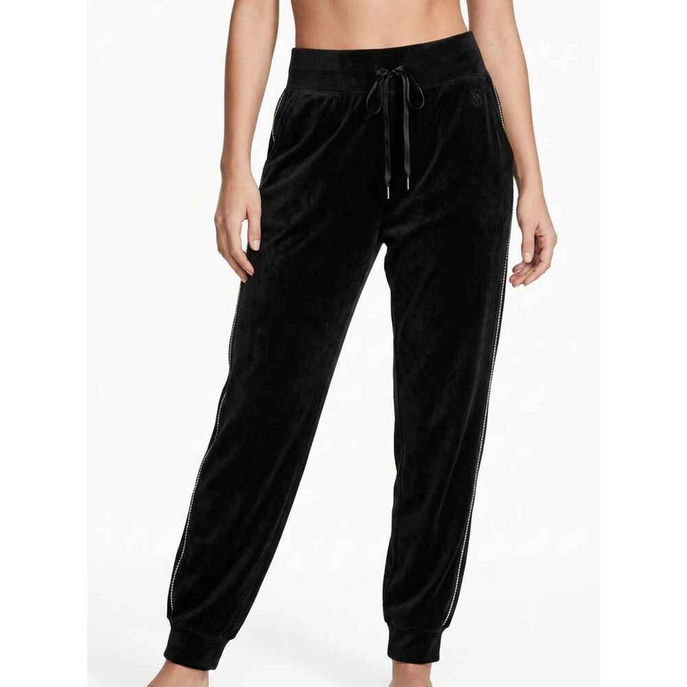Victoria's Secret On Point Black Velour Rhinestone Jogger Pants Size XL Extra La
